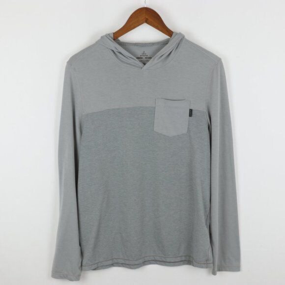 Prana Milo Men's Small Gray Striped Cotton Blend Hooded Long Sleeve Pocket Tee - Picture 2 of 8